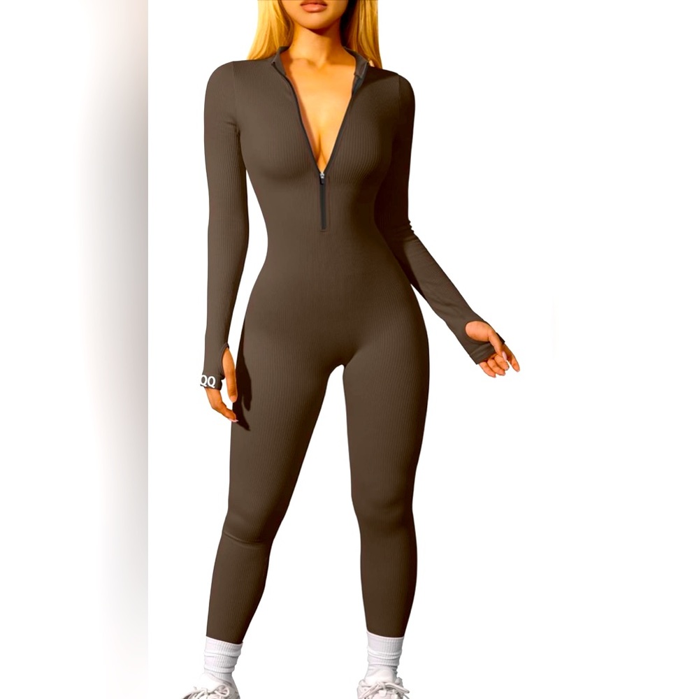 Long brown sleeve Ribbed Romper with Zipper